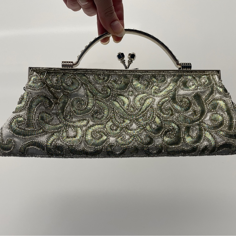 Elegant Silver and Green Beaded and Embroidered Clutch with Optional Strap